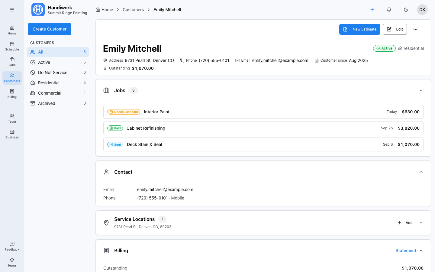 Handiwork customer profile with job history