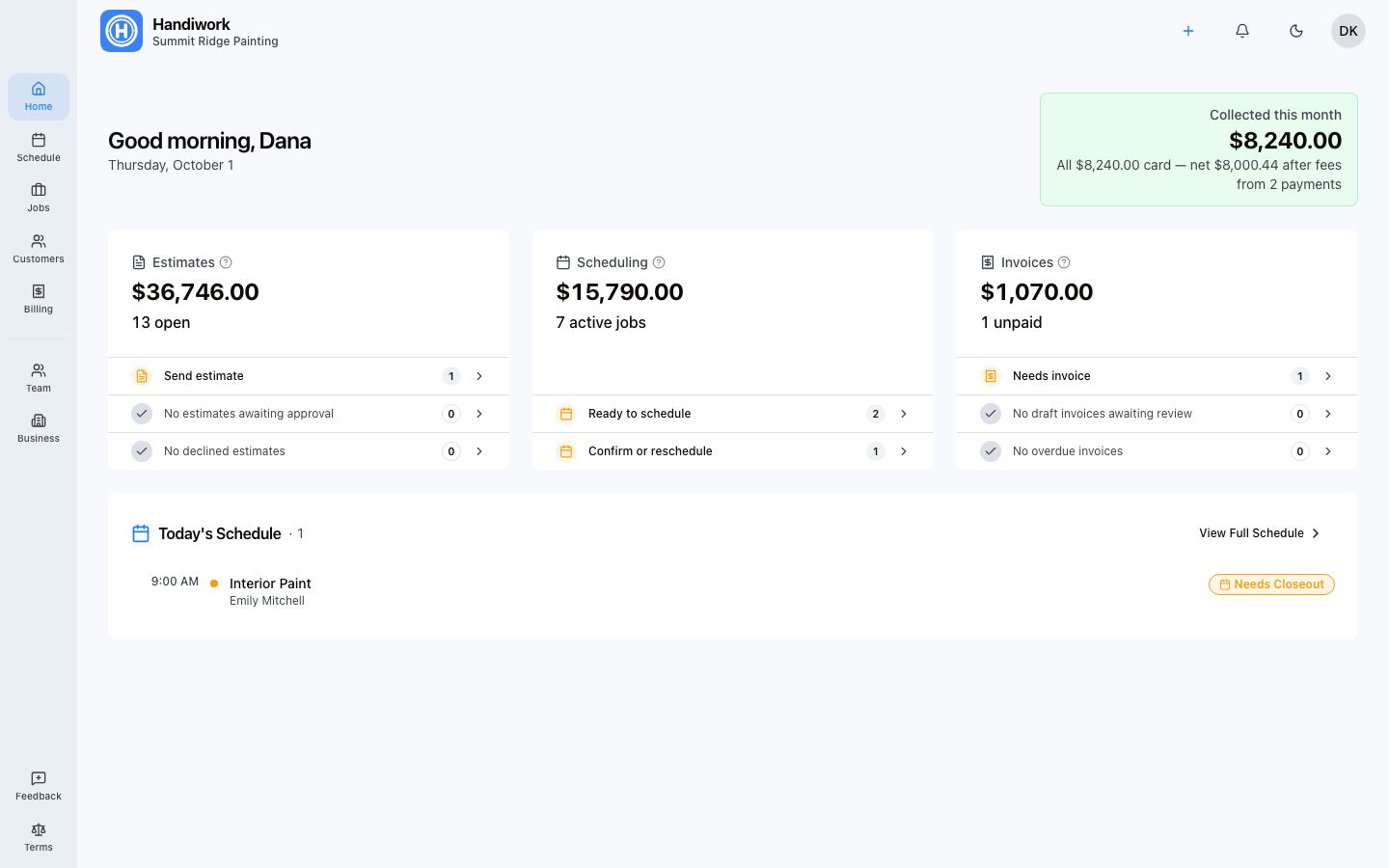 Handiwork dashboard showing business overview, jobs, and schedule