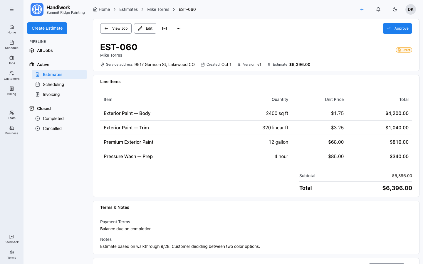 Handiwork estimate creation with line items