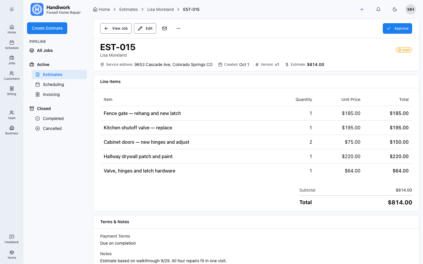 A handyman punch-list estimate with one line per repair