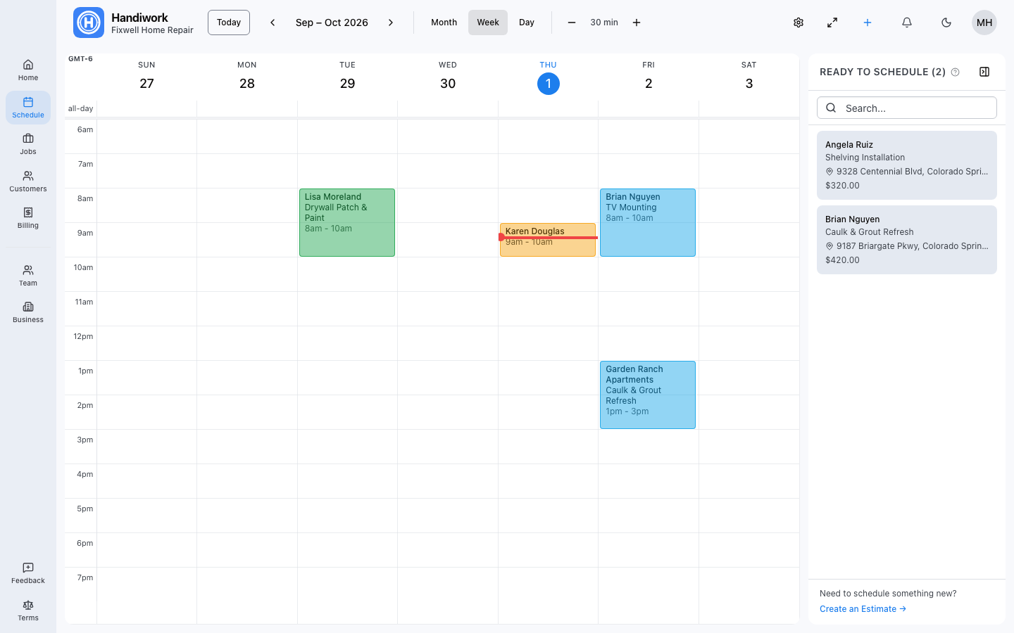 A handyman's week of short repair jobs on the Handiwork scheduling calendar