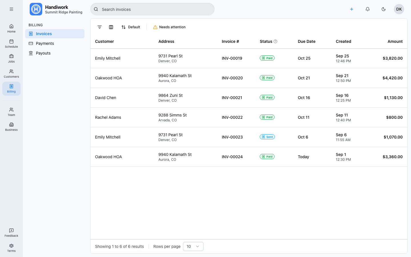 Handiwork professional invoicing with payment tracking