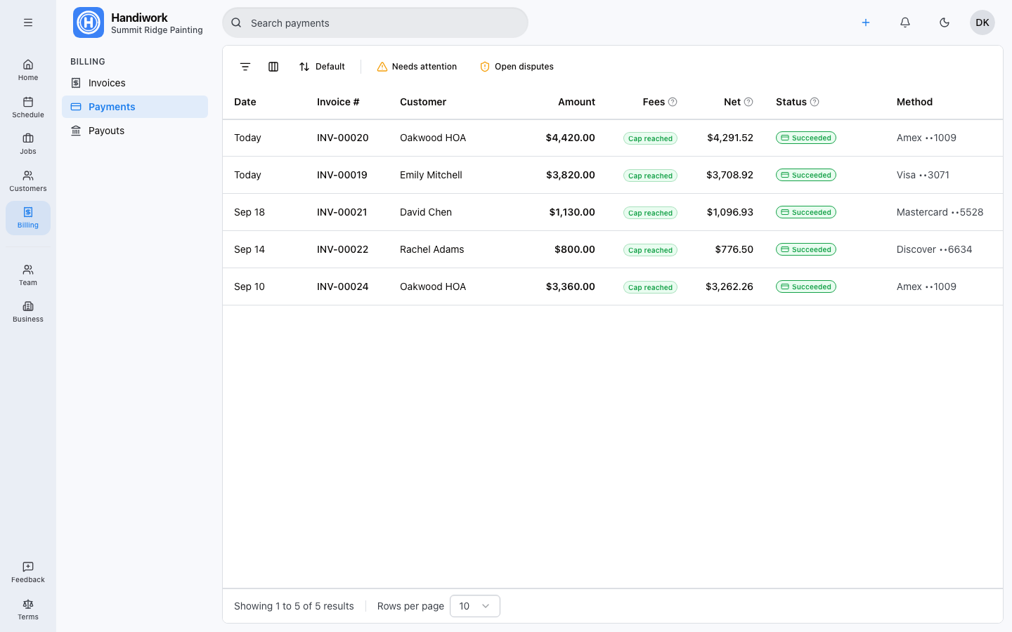 Handiwork payment breakdown showing fee transparency