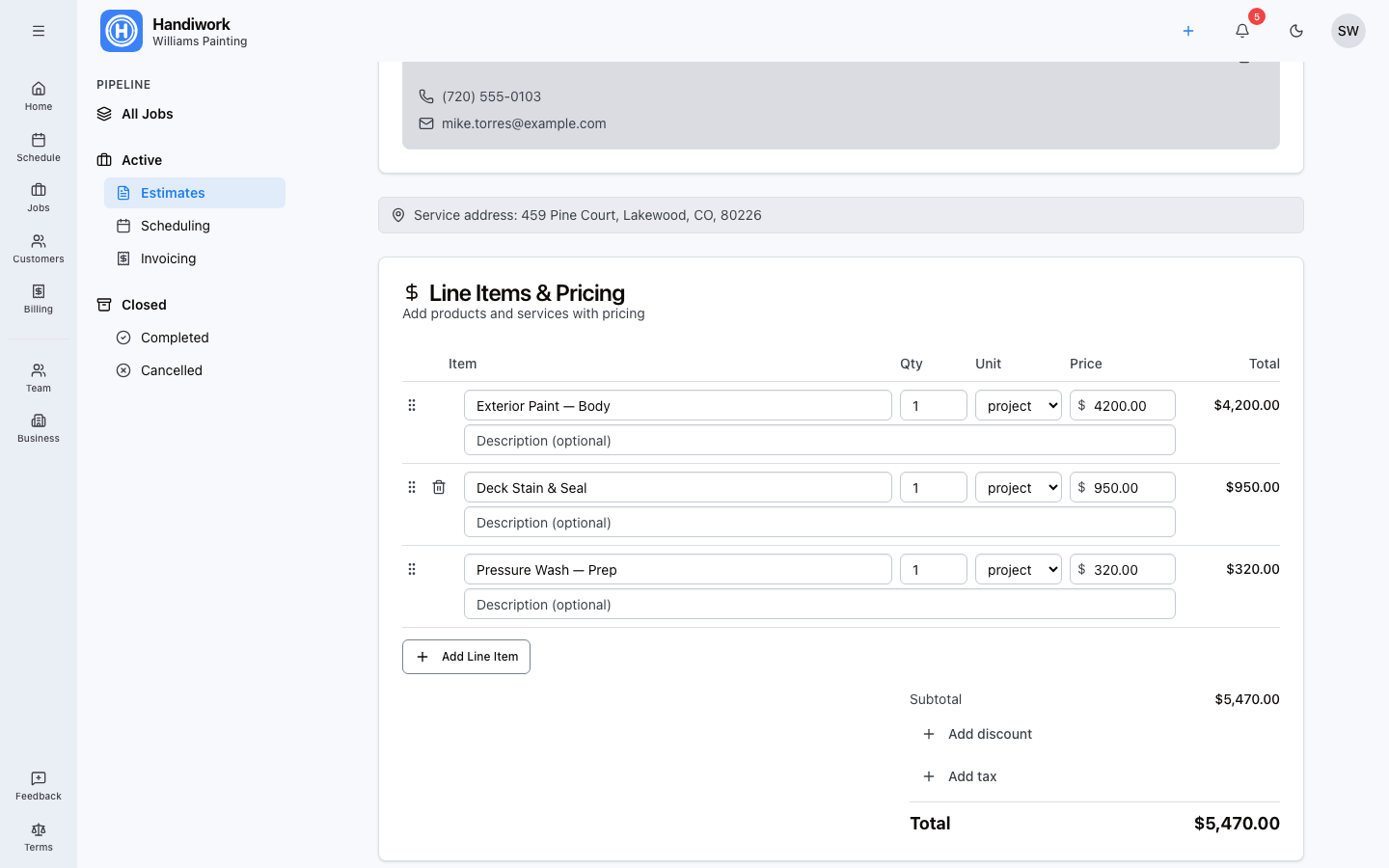 Create an estimate in Handiwork