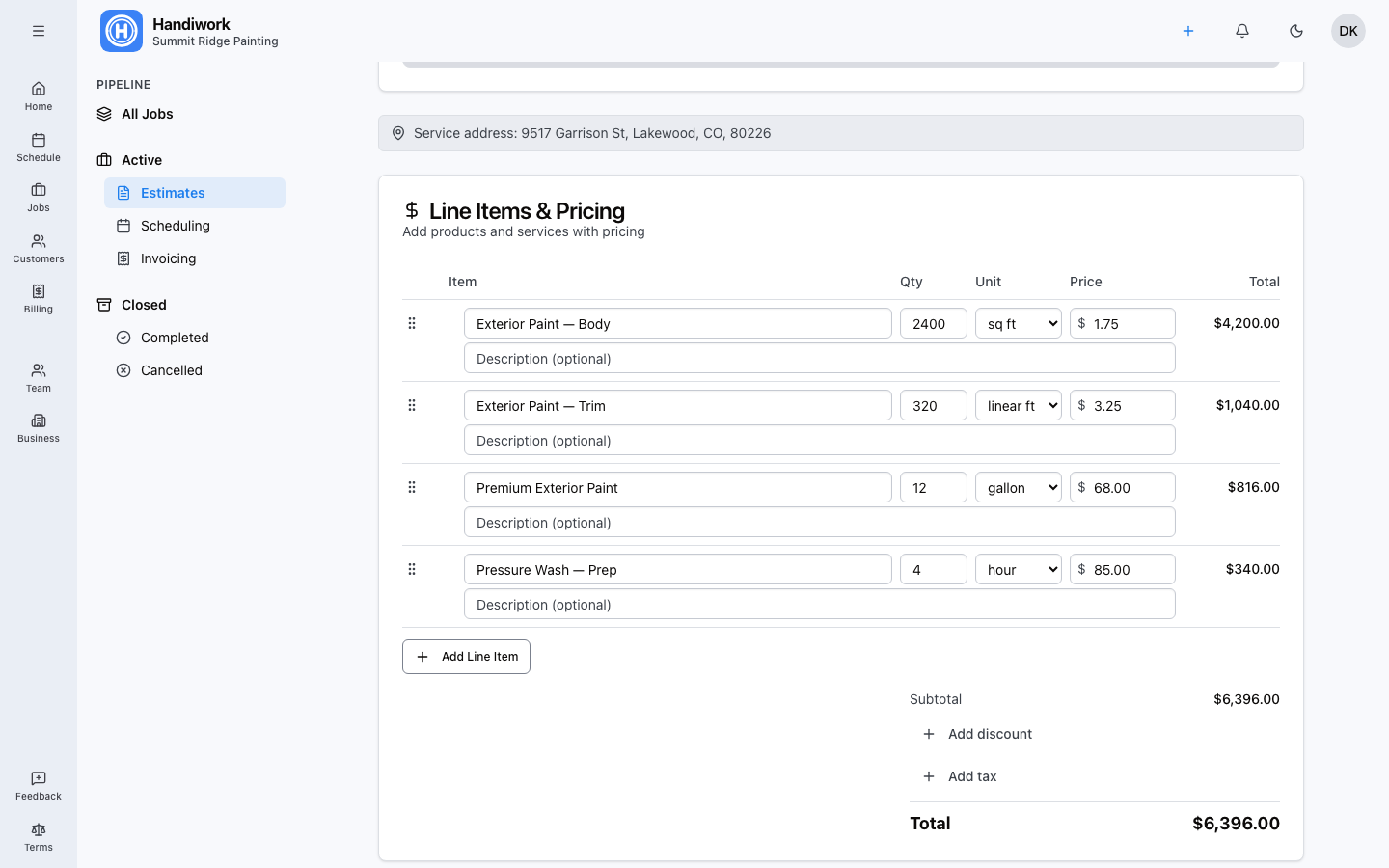 Create an estimate in Handiwork