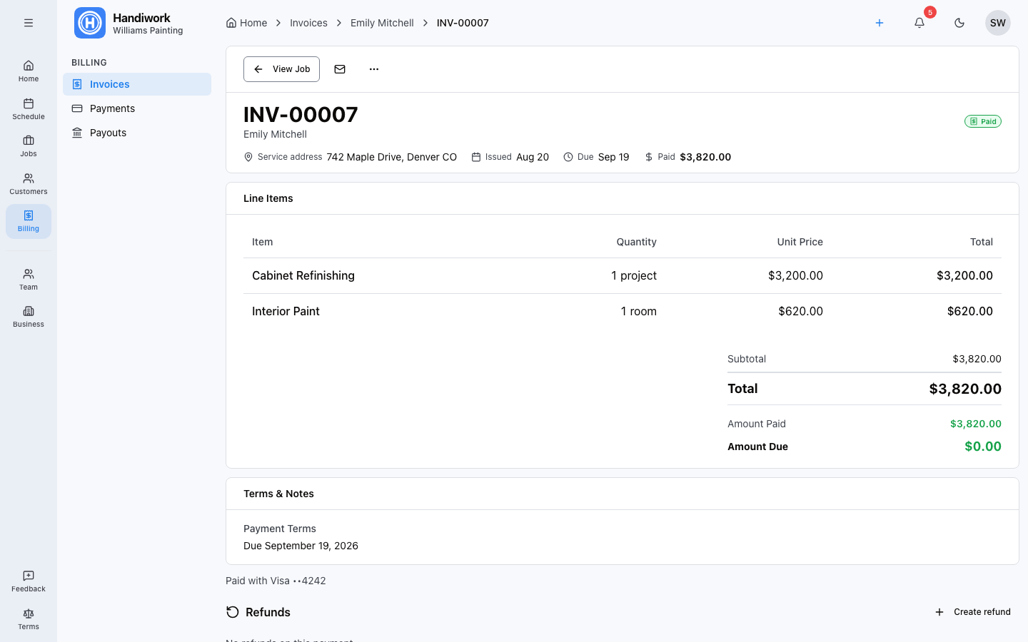 Send an invoice and get paid in Handiwork