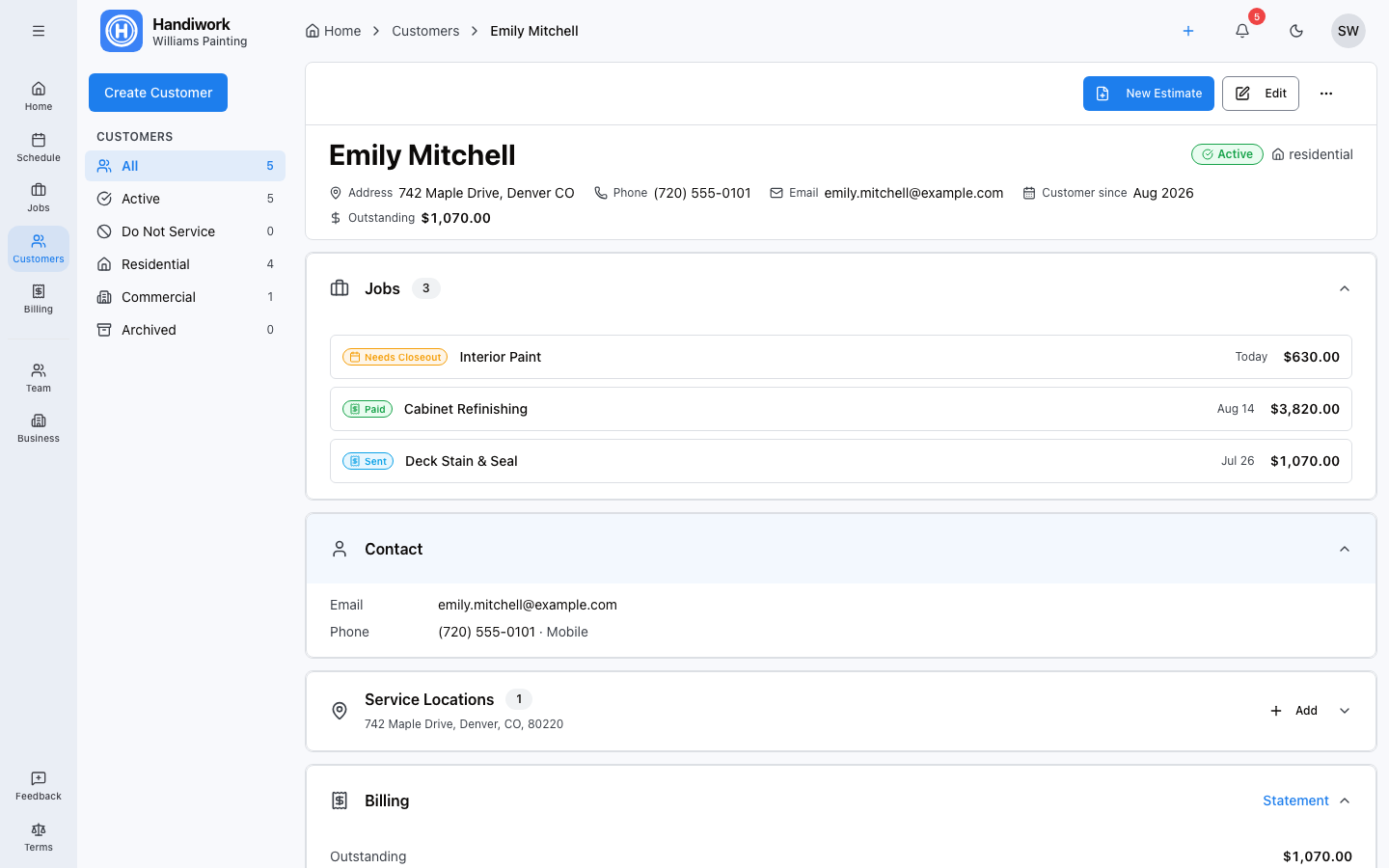Handiwork customer profile with job history