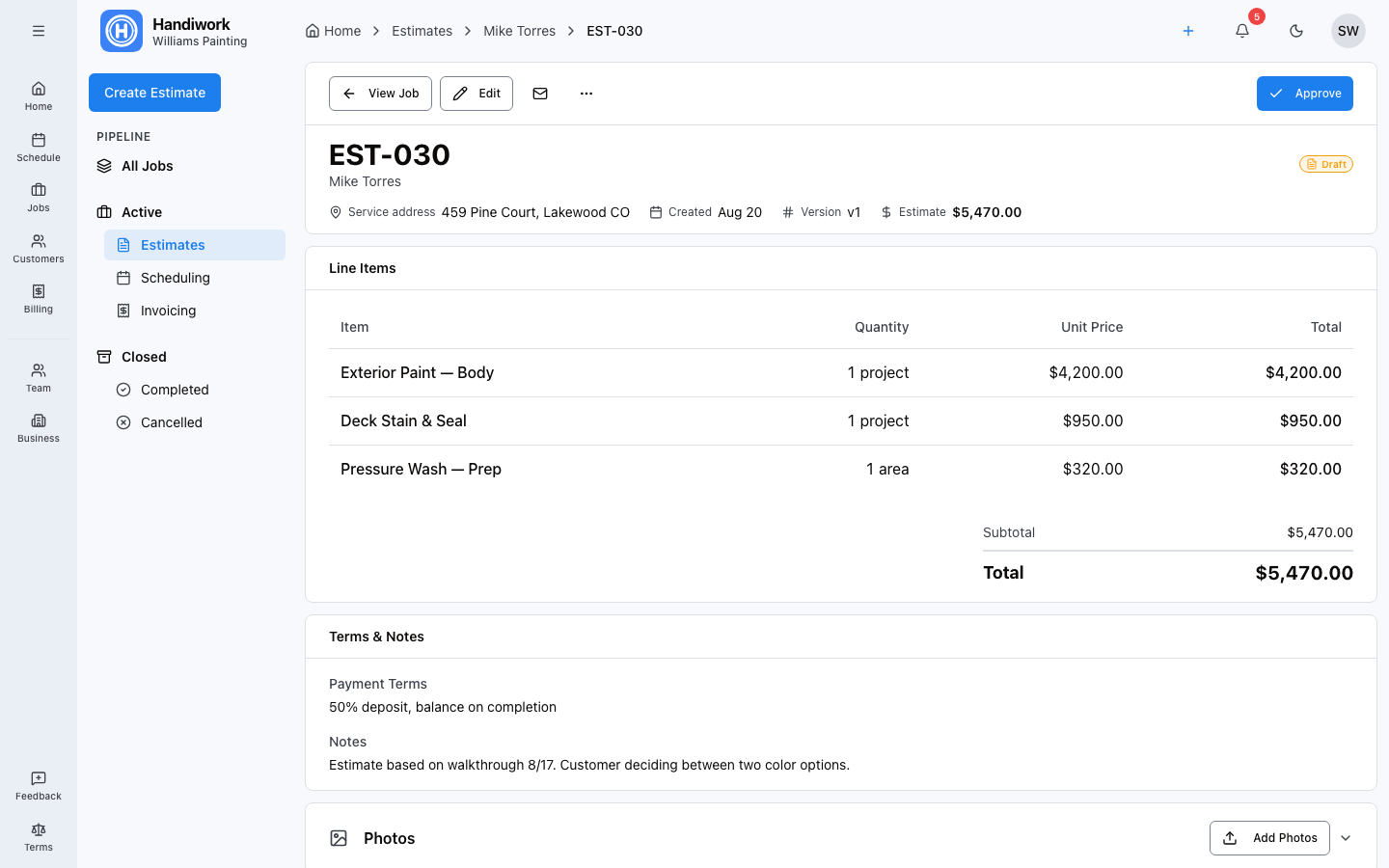 Handiwork estimate creation with line items