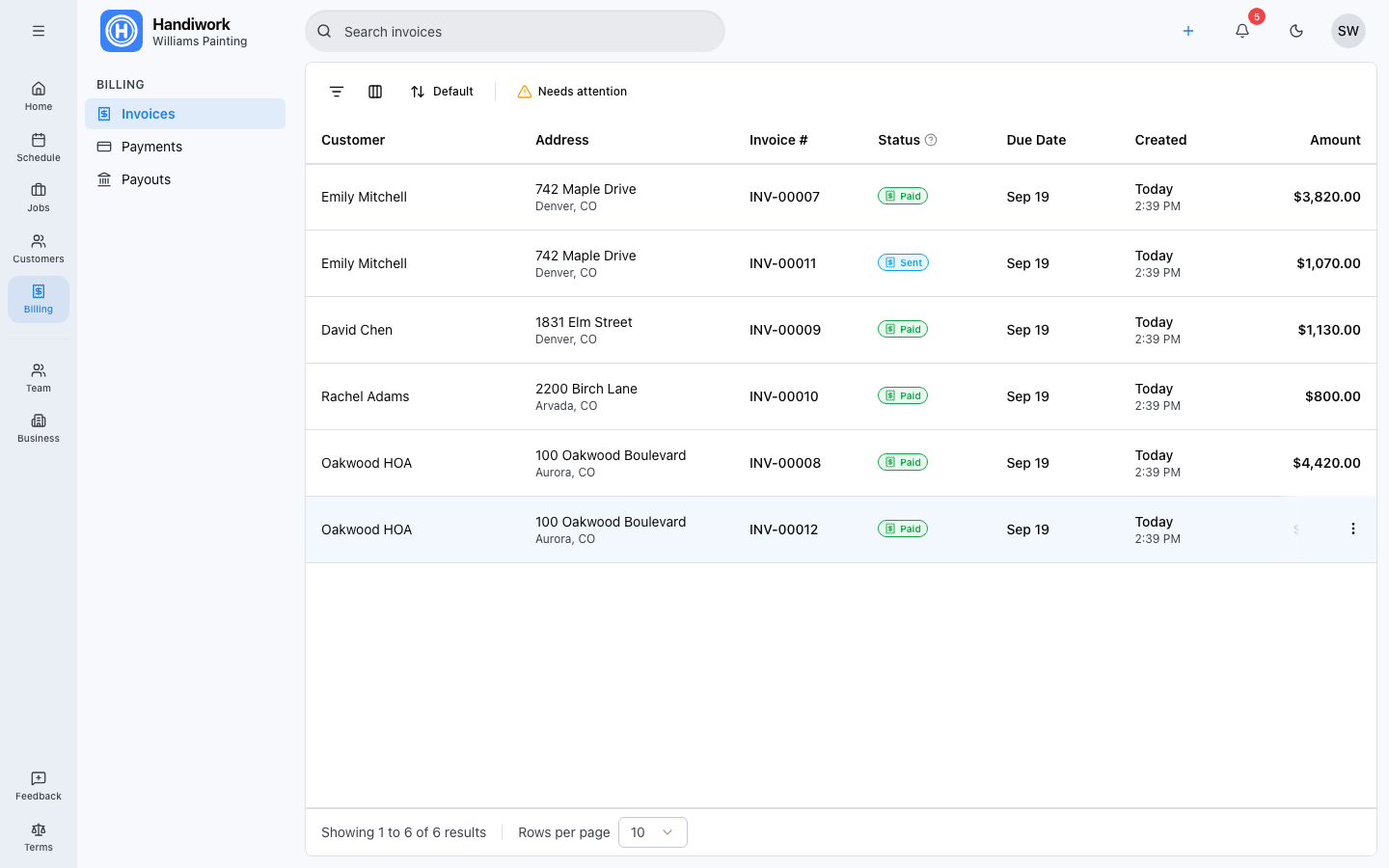Handiwork professional invoicing with payment tracking